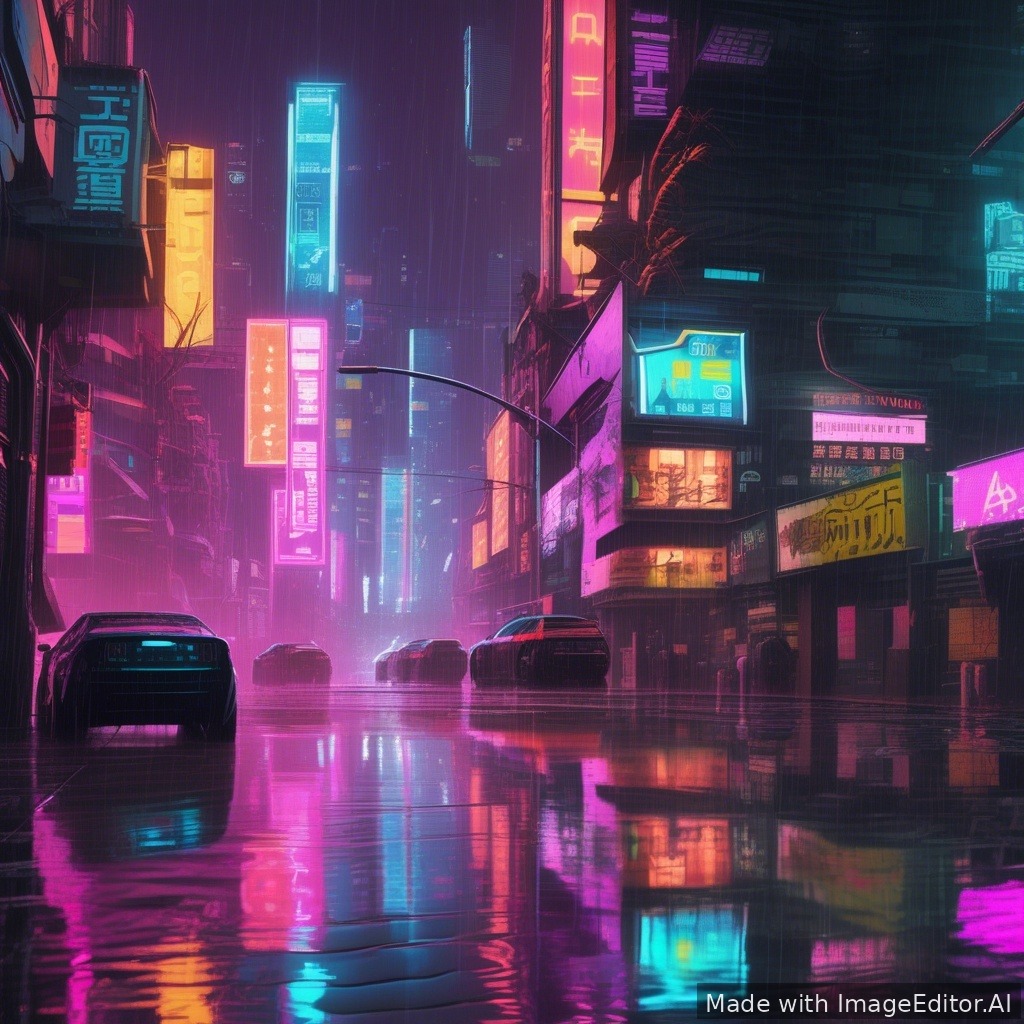 Neon cyberpunk city, rain reflections, ultra detailed