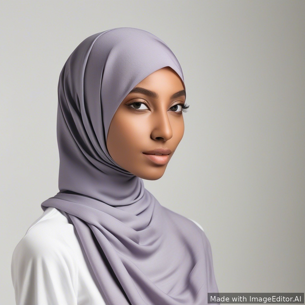 Minimal product photo on white background, soft shadows, hijab