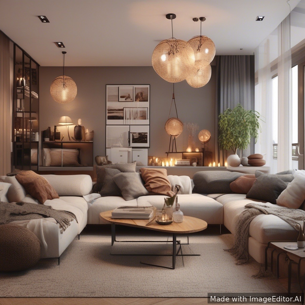 A modern living room, warm lighting, cozy textures