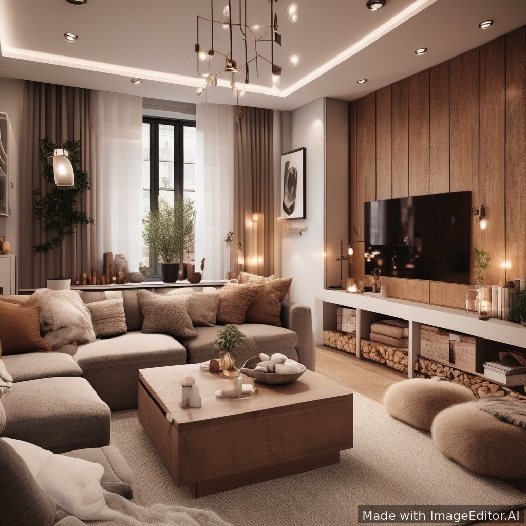 A modern living room, warm lighting, cozy textures