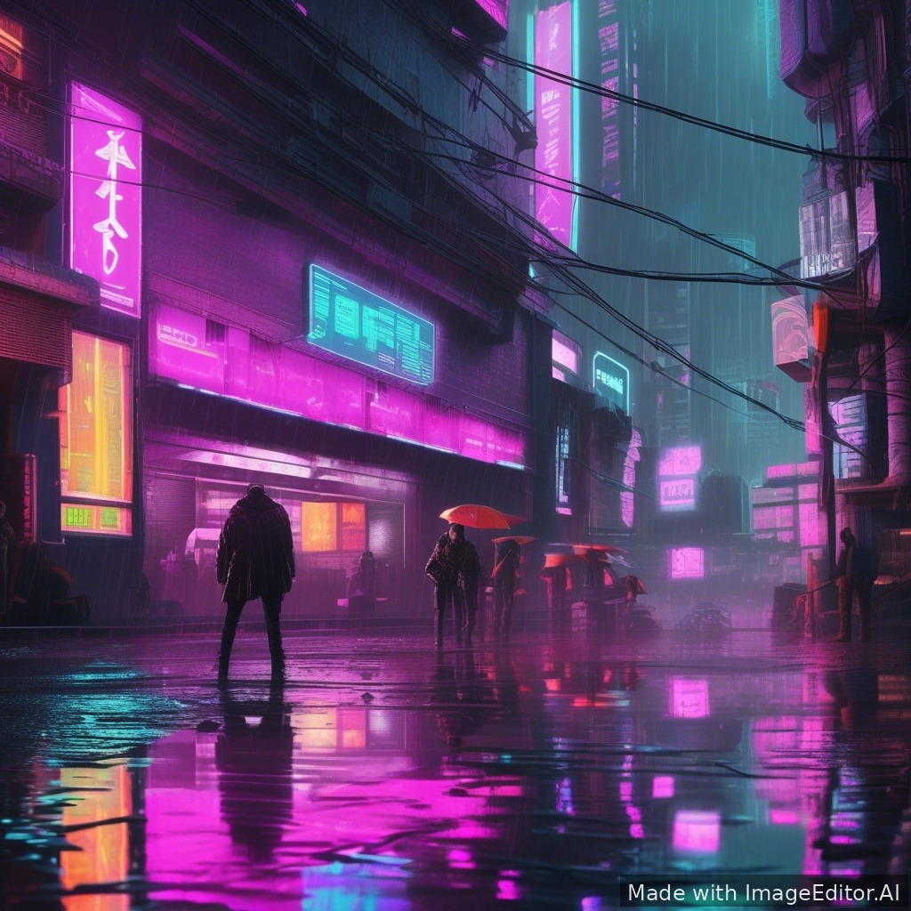 Neon cyberpunk city, rain reflections, ultra detailed