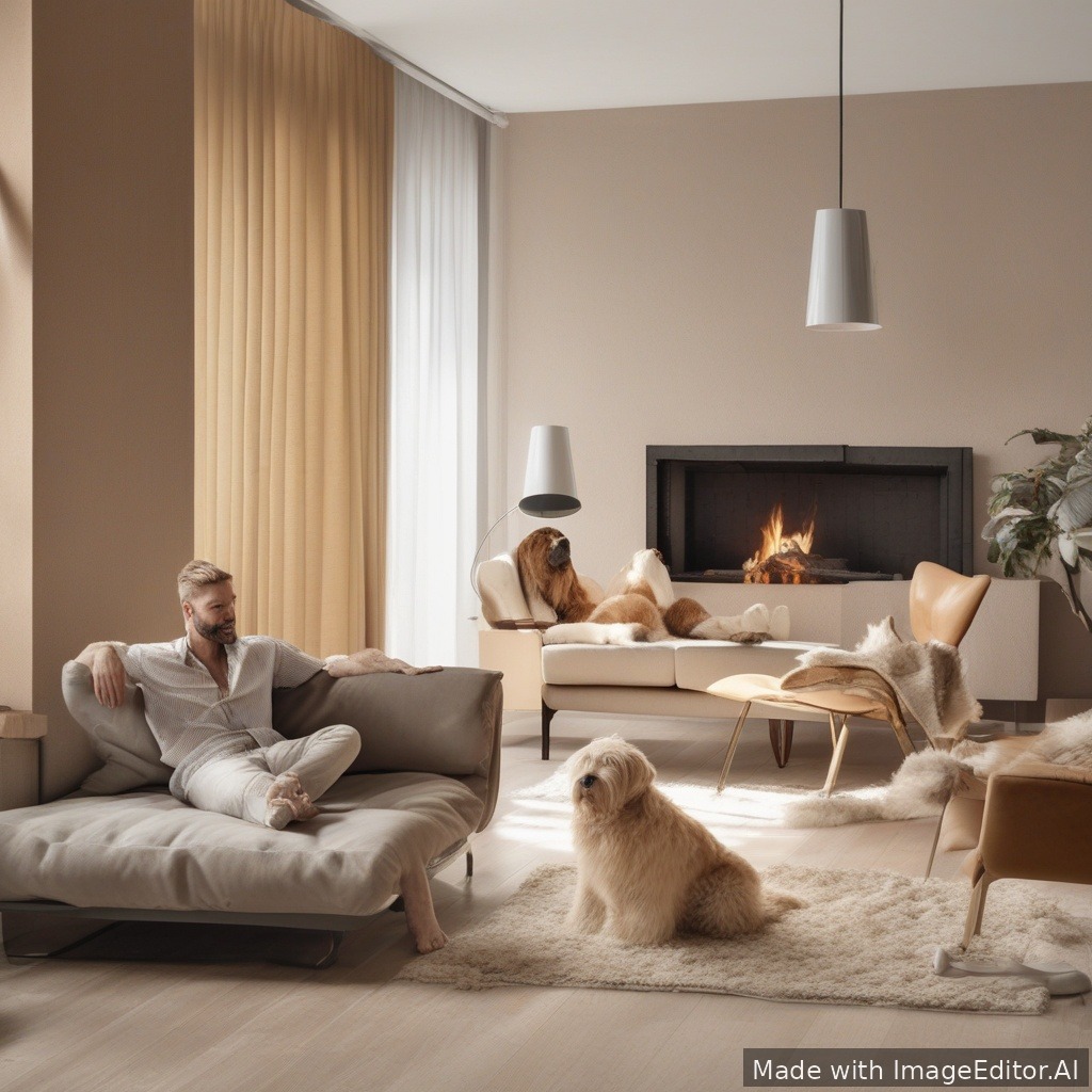 Ein modernes Wohnzimmer, warme Beleuchtung, gemütliche Texturen mit einer Blondine die nackt ist und mit einem Mann der braune harre hat Doggy fickt