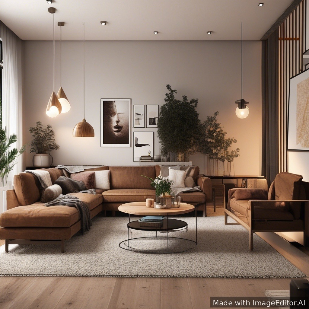 A modern living room, warm lighting, cozy textures