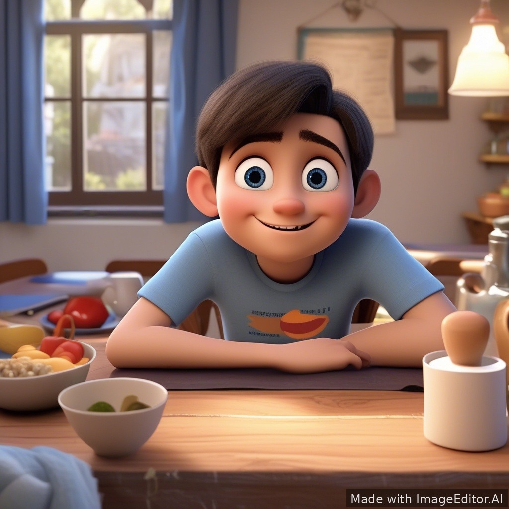 A 3D animated cartoon boy, 10 years old, sitting at a dining table in the center, wearing a light blue t-shirt and dark blue pants, smooth long hair, big eyes, fair skin, smiling gently, food neatly arranged on the table but untouched, cozy home environment, soft warm lighting, Pixar-style, high detail

