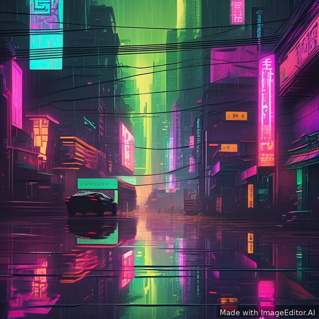 Neon cyberpunk city, rain reflections, ultra detailed