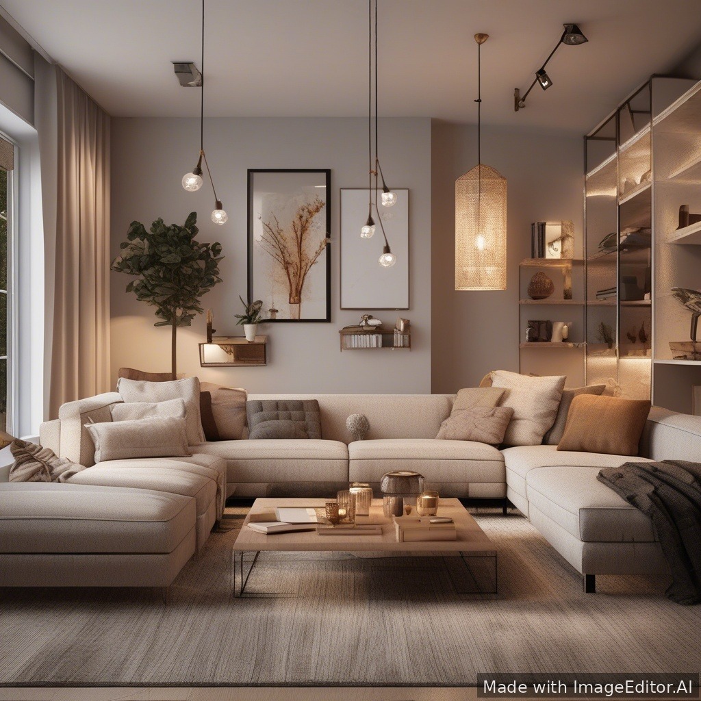 A modern living room, warm lighting, cozy textures
