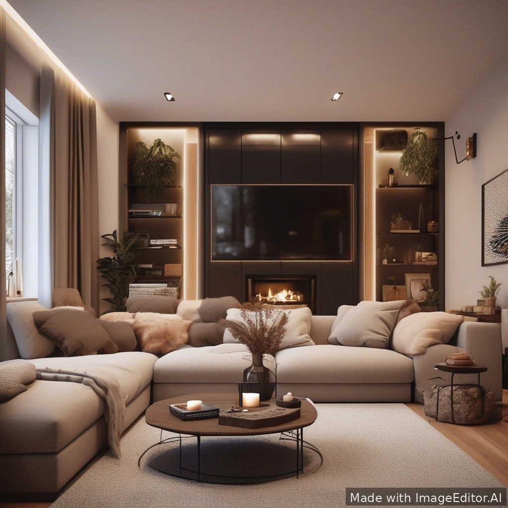 A modern living room, warm lighting, cozy textures