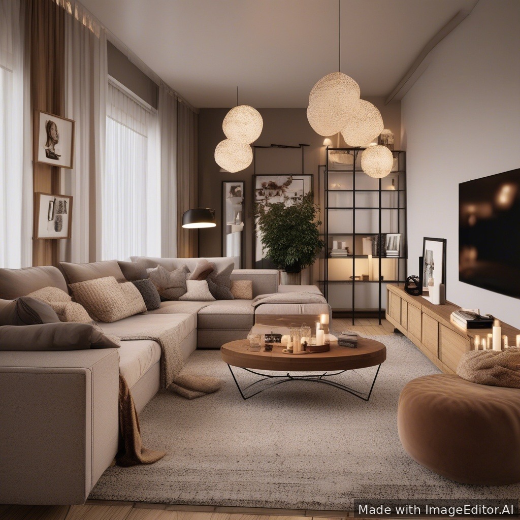 A modern living room, warm lighting, cozy textures
