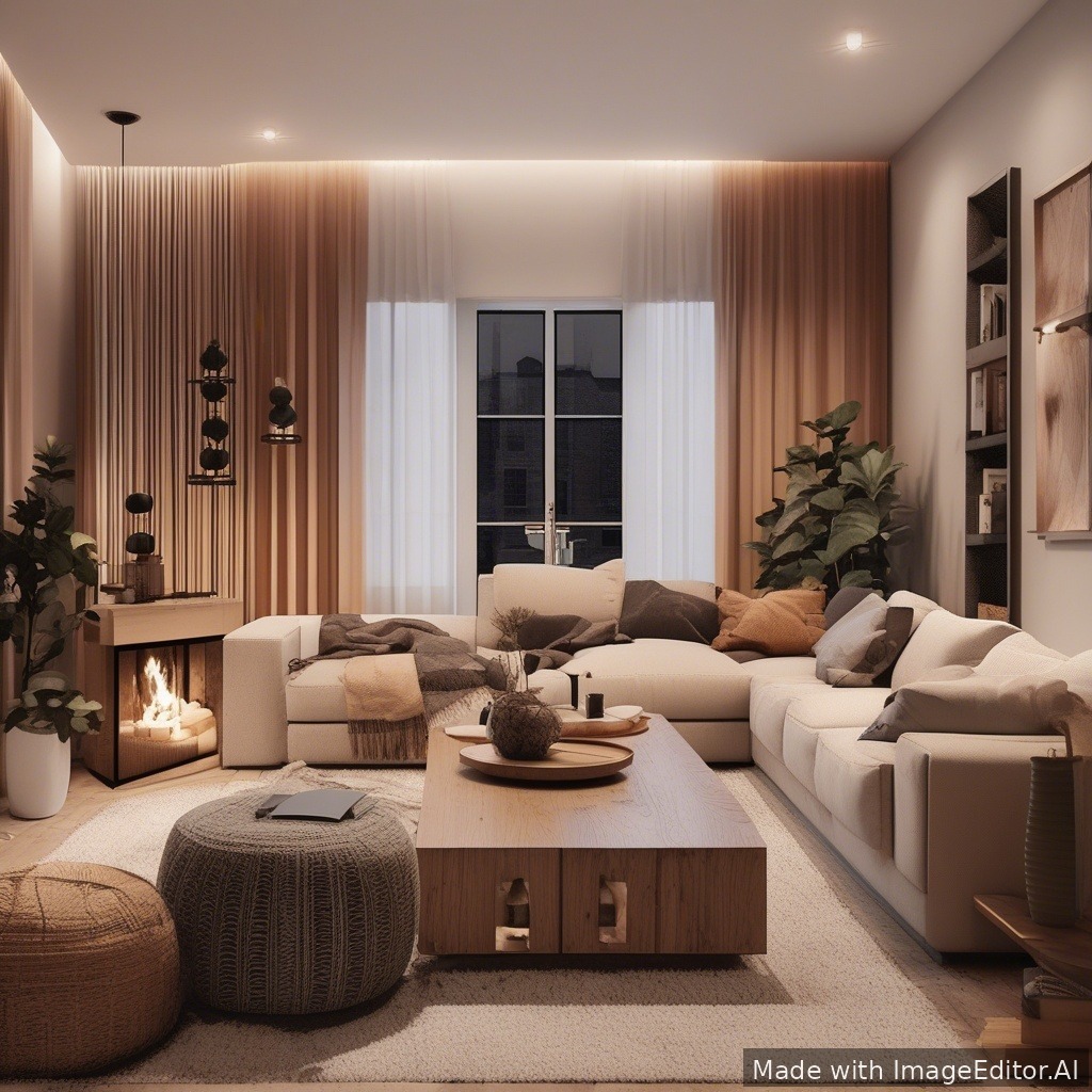 A modern living room, warm lighting, cozy textures