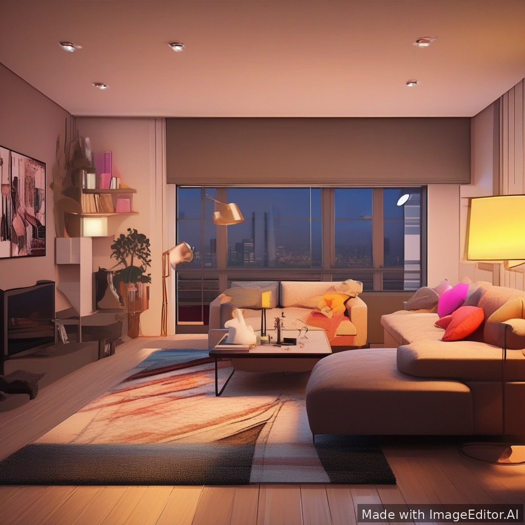 A modern living room, warm lighting, cozy textures, anime style, clean lines, vibrant colors