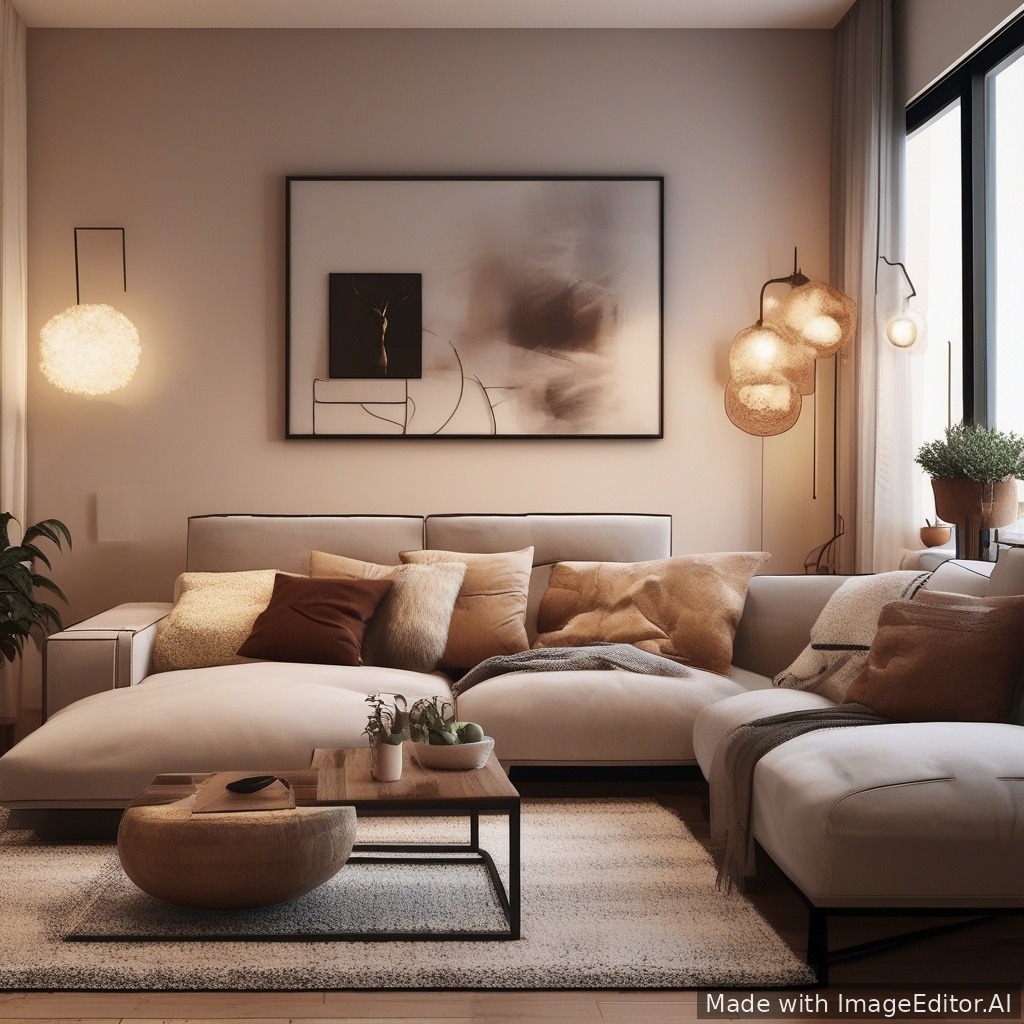 A modern living room, warm lighting, cozy textures