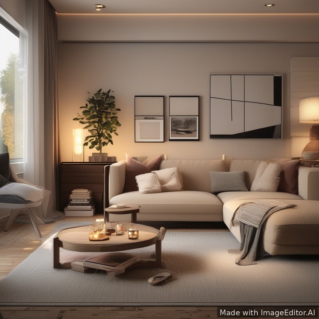 A modern living room, warm lighting, cozy textures, photorealistic, high detail
