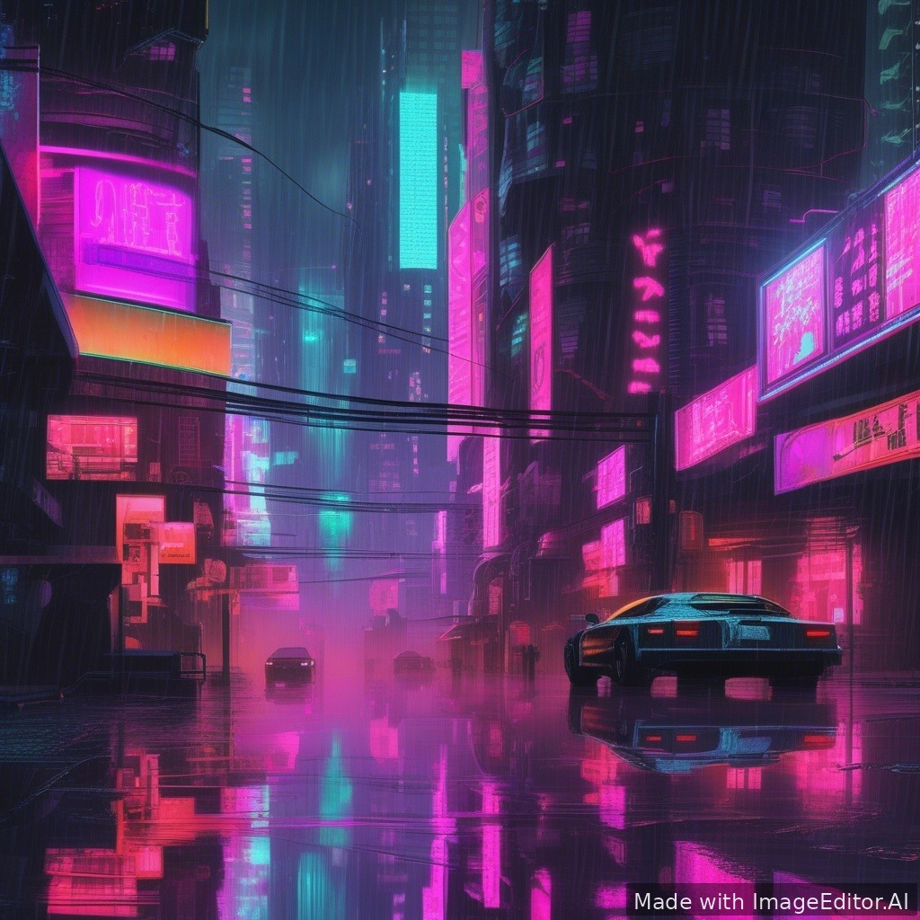 Neon cyberpunk city, rain reflections, ultra detailed