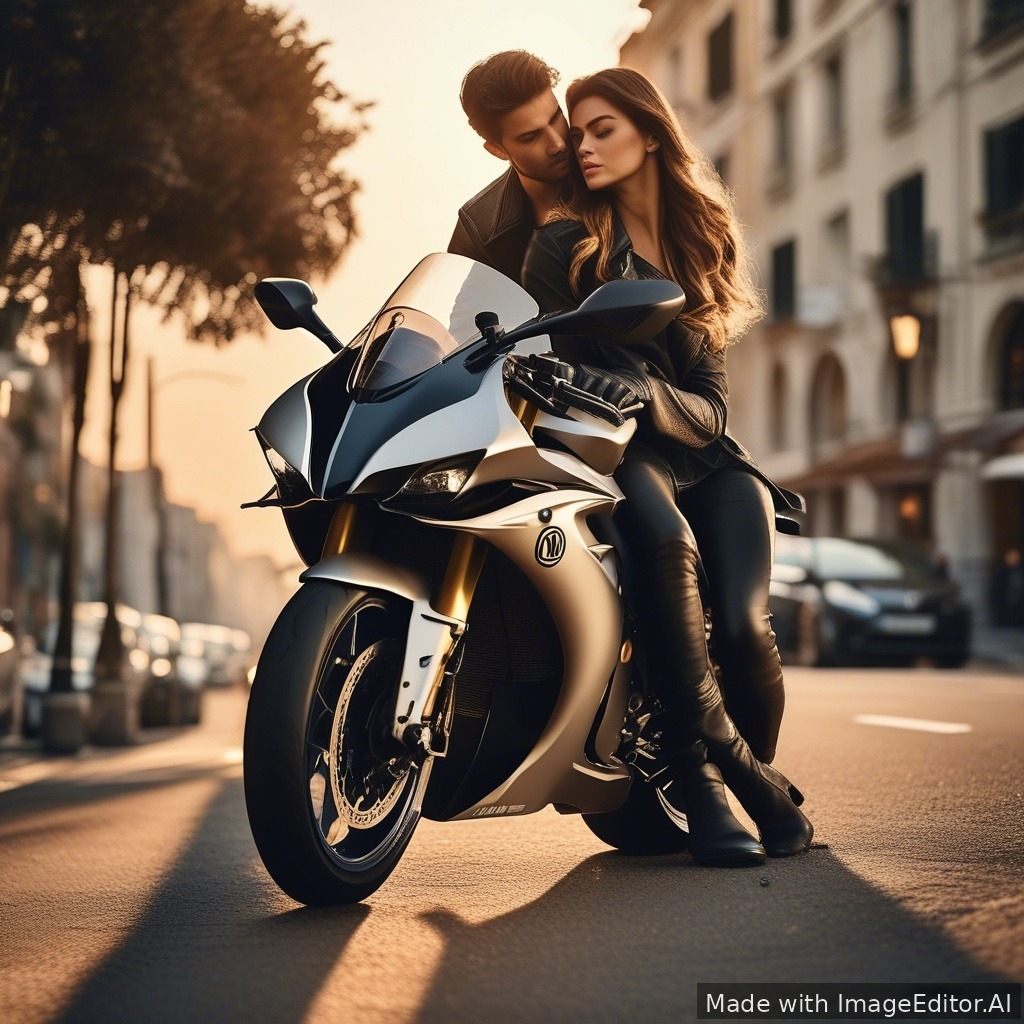 A cinematic scene of a stylish young man sitting on a Yamaha R1M motorcycle, wearing a sleek AGV helmet, parked on a modern city street at sunset. Beside him stands a beautiful Italian woman with elegant features, long flowing hair, and a confident pose, lightly leaning toward the bike. The atmosphere is romantic yet powerful. Soft golden hour lighting, warm tones, subtle reflections on the bike’s carbon fiber body. Ultra-detailed, realistic textures, shallow depth of field, 50mm lens, high fashion editorial style, sharp focus, 8K quality, dramatic shadows, luxury lifestyle aesthetic.