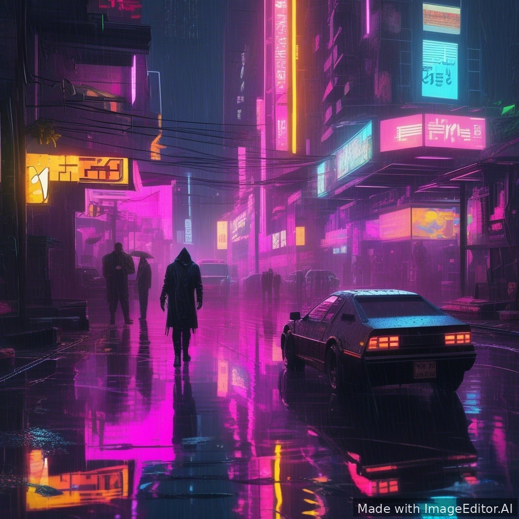 Neon cyberpunk city, rain reflections, ultra detailed