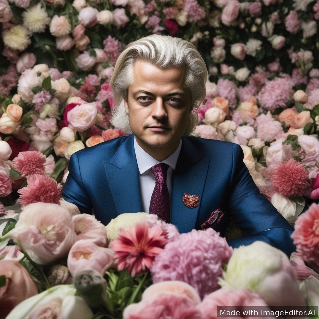 genereer een foto van geert wilders die met een gucci pet water geeft aan bloemen