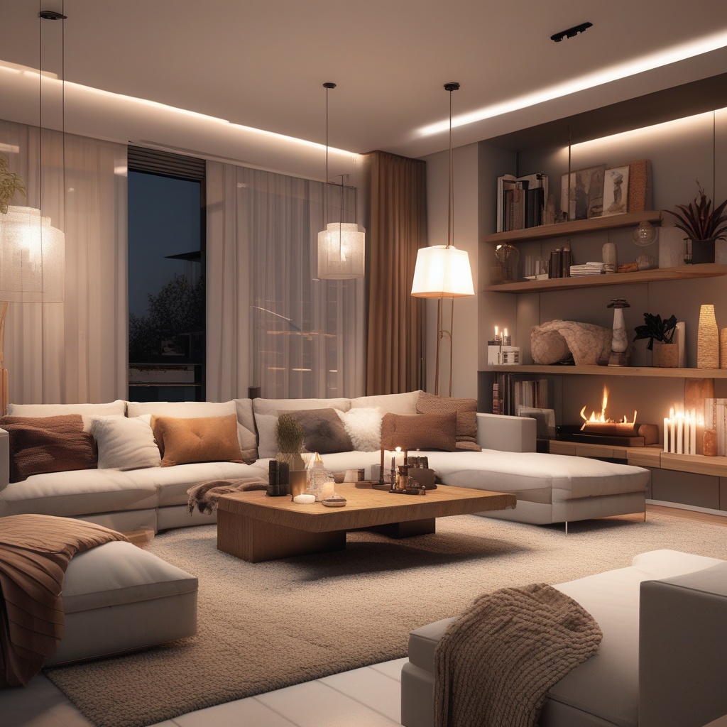 A modern living room, warm lighting, cozy textures
