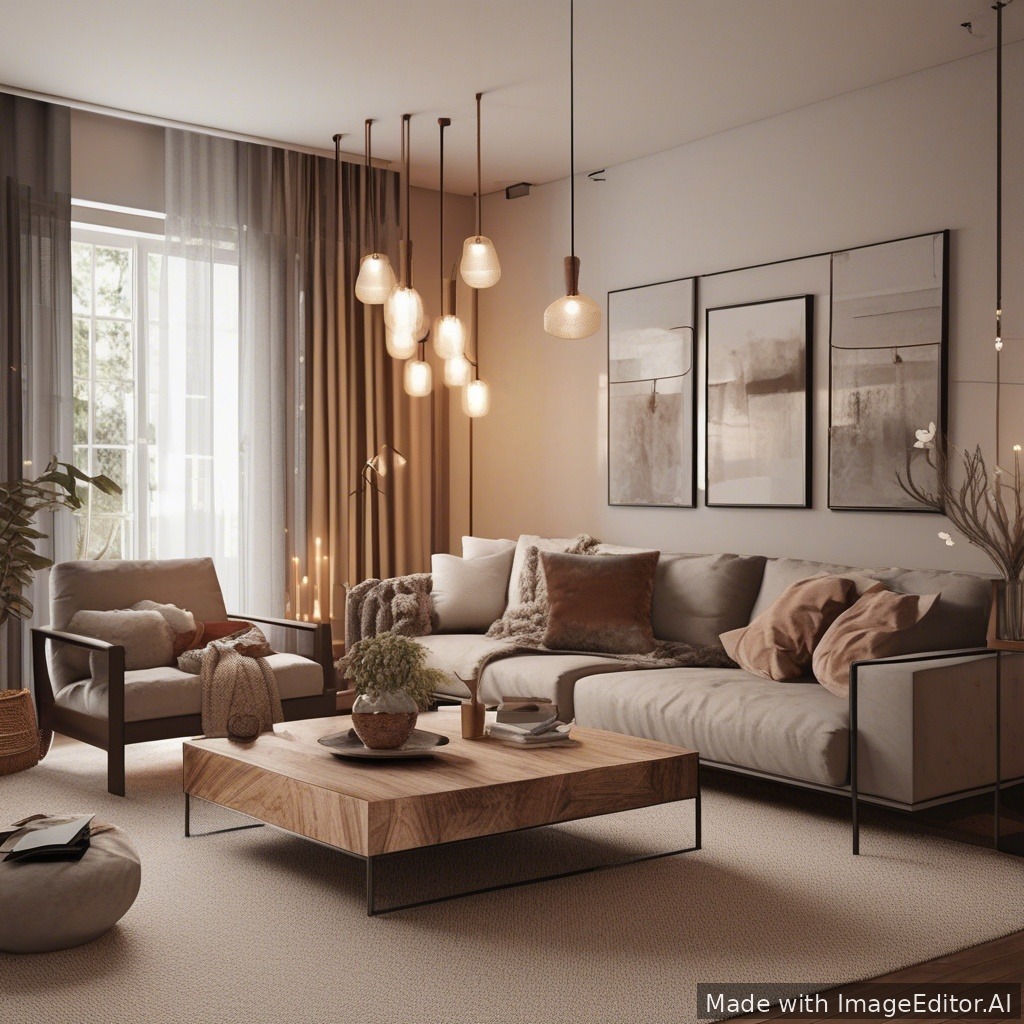 A modern living room, warm lighting, cozy textures