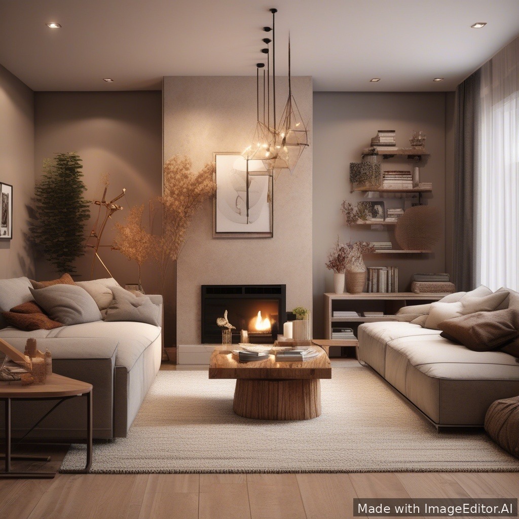 A modern living room, warm lighting, cozy textures