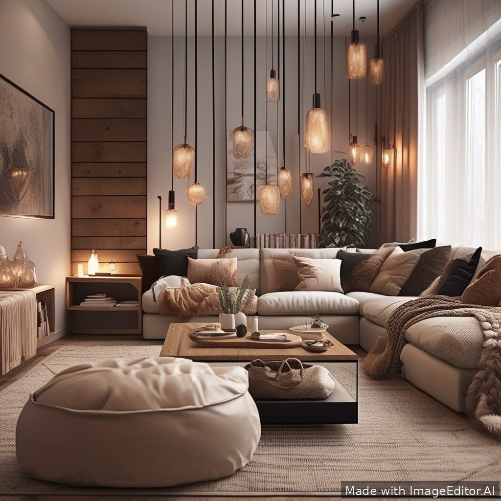 A modern living room, warm lighting, cozy textures
