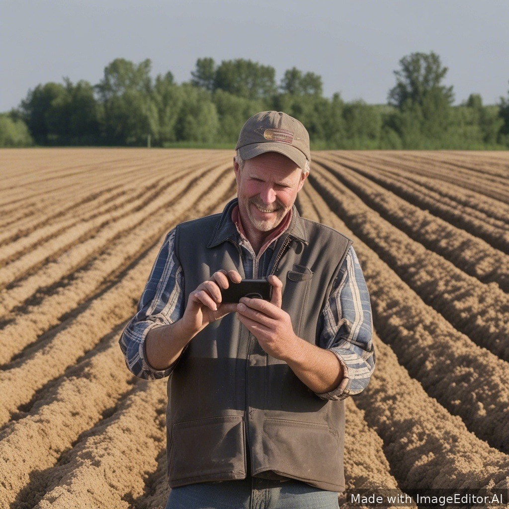 A farmer takes a picture of his own stubble on his cell phone in a plowed field