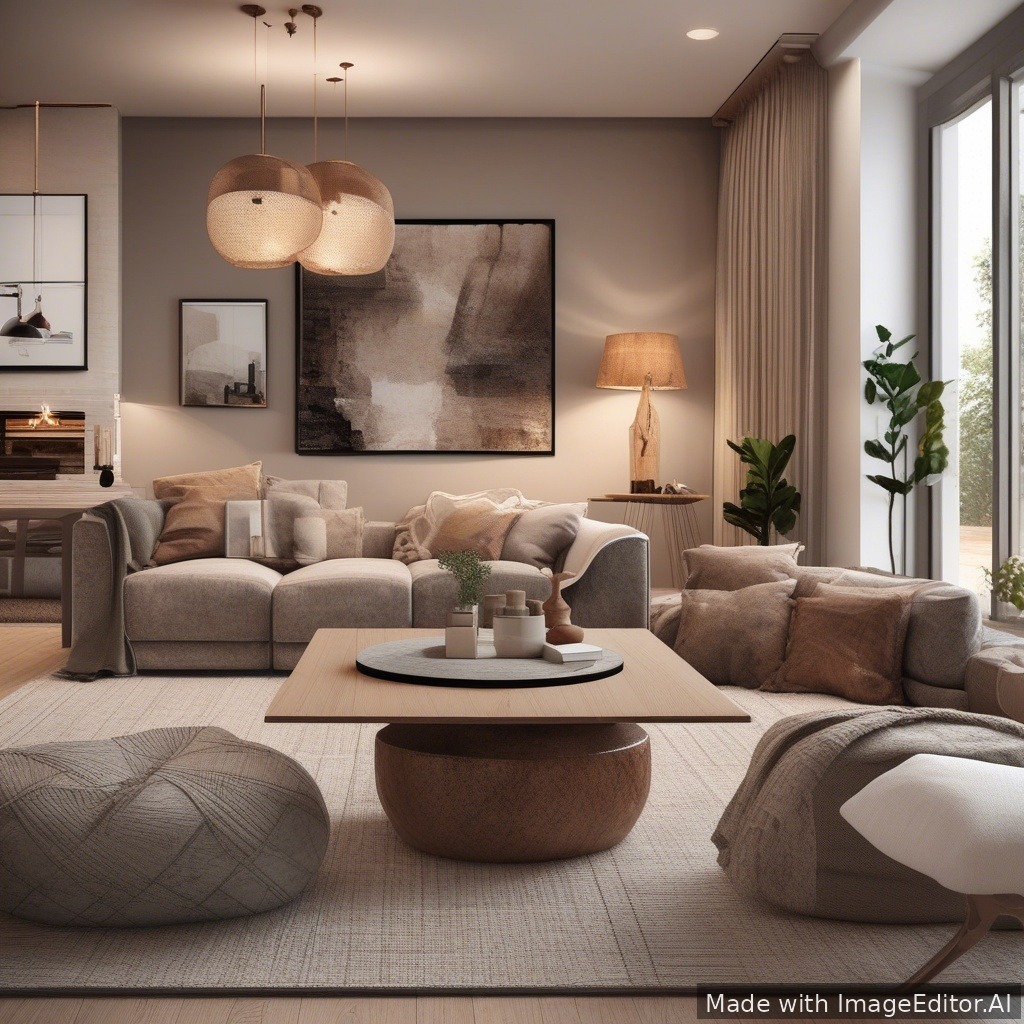 A modern living room, warm lighting, cozy textures