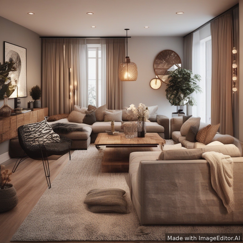 A modern living room, warm lighting, cozy textures