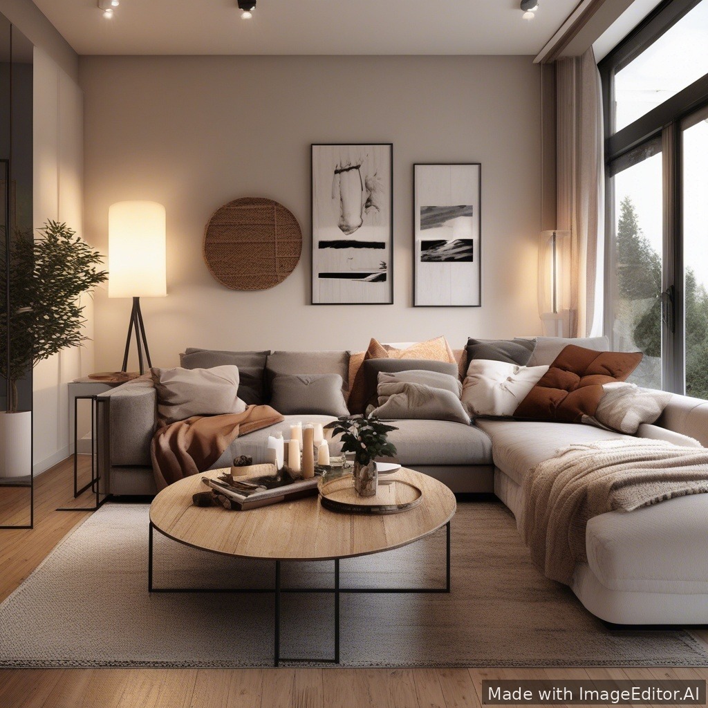 A modern living room, warm lighting, cozy textures