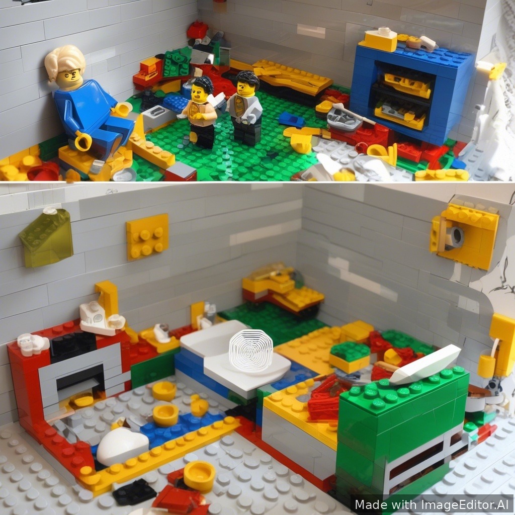 een lego huis de binkant er moet 2 wc in bove een beneede de wc bove moet wel een dousje heben en eenb bad en de wc beneede niet 2 kamers zoiezo 2 bede in elke kamer en een woonj kamer met tv bank en eettafel een kueken met kuekenspulen een zoder en een garrasje en een tuin met nzwem bat een bleomen en een moesttiun en in lego stijl het heelehui en tijn 