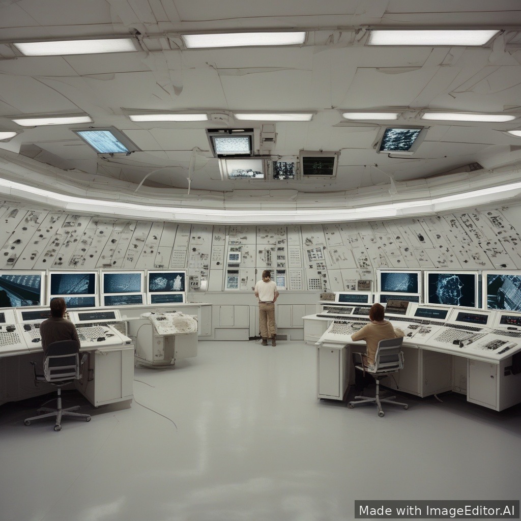 control room with few people look at screens. white paint on the room, lots of screen
