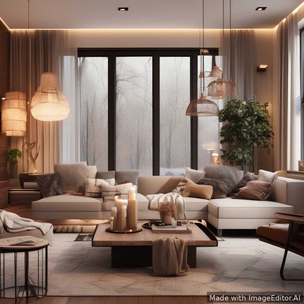 A modern living room, warm lighting, cozy textures