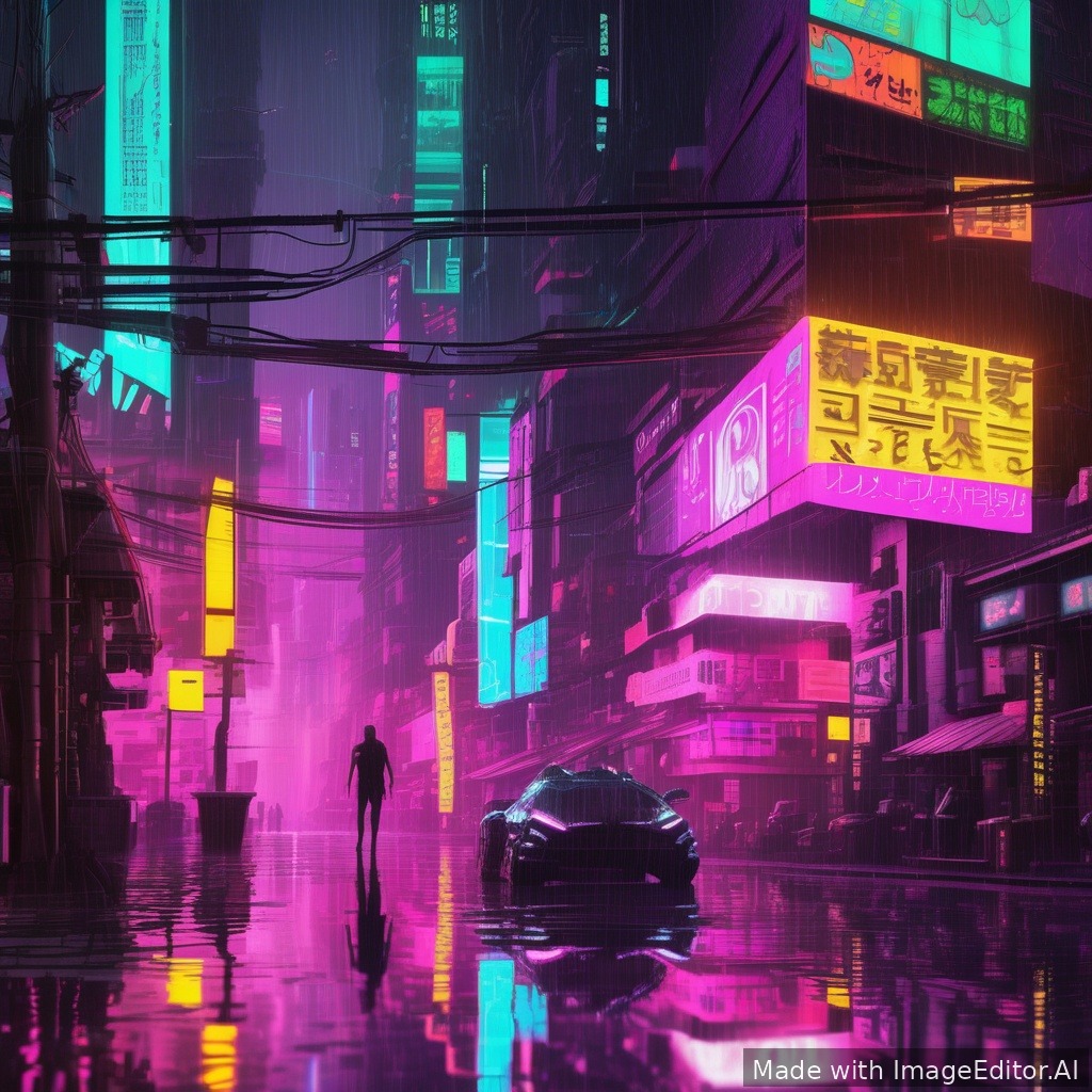 Neon cyberpunk city, rain reflections, ultra detailed