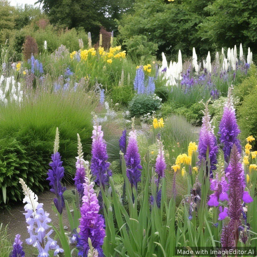 een border van 20 m op 0,5 m afgesloten door een haag
ik wil er gele stokrozen achteraan, paars koninginnekruid, gele en witte pioenen, agastache, heidebrem, iris, blauwe en witte sierui