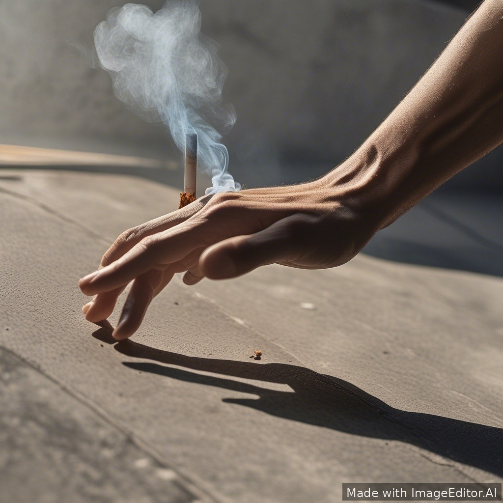 Add a slightly tan-colored human forearm entering from the bottom edge of the image, resting naturally on the concrete slab. The hand is casually holding a thin, hand-rolled cigarette made with light paper. The cigarette is lit, with a small ember at the tip and a faint trail of light, wispy smoke drifting upward. Match the lighting to the outdoor scene (soft natural daylight), and ensure the arm perspective and shadows blend realistically with the concrete and surrounding environment.