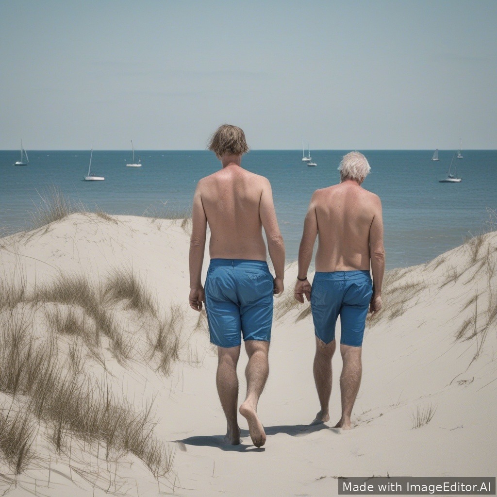 maak een afbeelding van een auur blauwe zee mooi strand en een bosrijk omgeving met naakte mannen