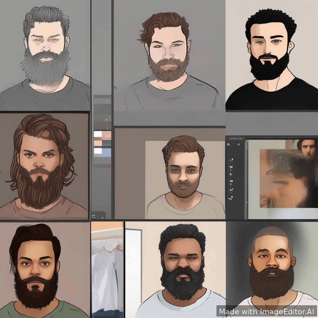 To create the image, use this editing prompt with your uploaded portrait:

**Prompt:**

> Edit the uploaded portrait while preserving the same person, facial structure, skin tone, eyes, expression, clothing, and overall identity. Create a realistic 5-panel comparison image arranged horizontally. Each panel should show a different hairstyle and beard combination:
>
> 1. Textured middle part with a short boxed beard.
> 2. Modern curtain hairstyle with a beardstache (full mustache, light stubble).
> 3. Low taper fade with heavy stubble.
> 4. Medium-length layered flow hairstyle with a defined goatee.
> 5. Textured crop haircut with light stubble.
>
> Maintain natural lighting, photorealistic barbershop-quality grooming, high-detail hair texture, realistic facial hair growth, and consistent front-facing pose across all panels. Keep the background simple and unobtrusive. Professional men's grooming showcase, before-and-after style comparison, ultra-realistic, high resolution.