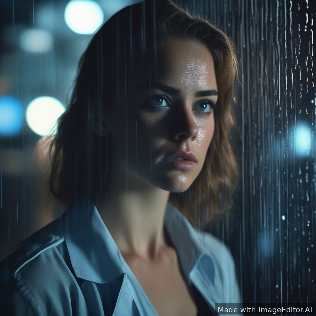 A cinematic portrait of a young, sharp female detective, 25 years old, modern noir style. She has intense eyes looking directly into the camera. The only light source is the cool blue glow from a transparent computer screen in a dark room. Raindrops on the window in the background. Ultra-realistic, 8k resolution, shot on a Canon C500, dynamic composition. --ar 16:9