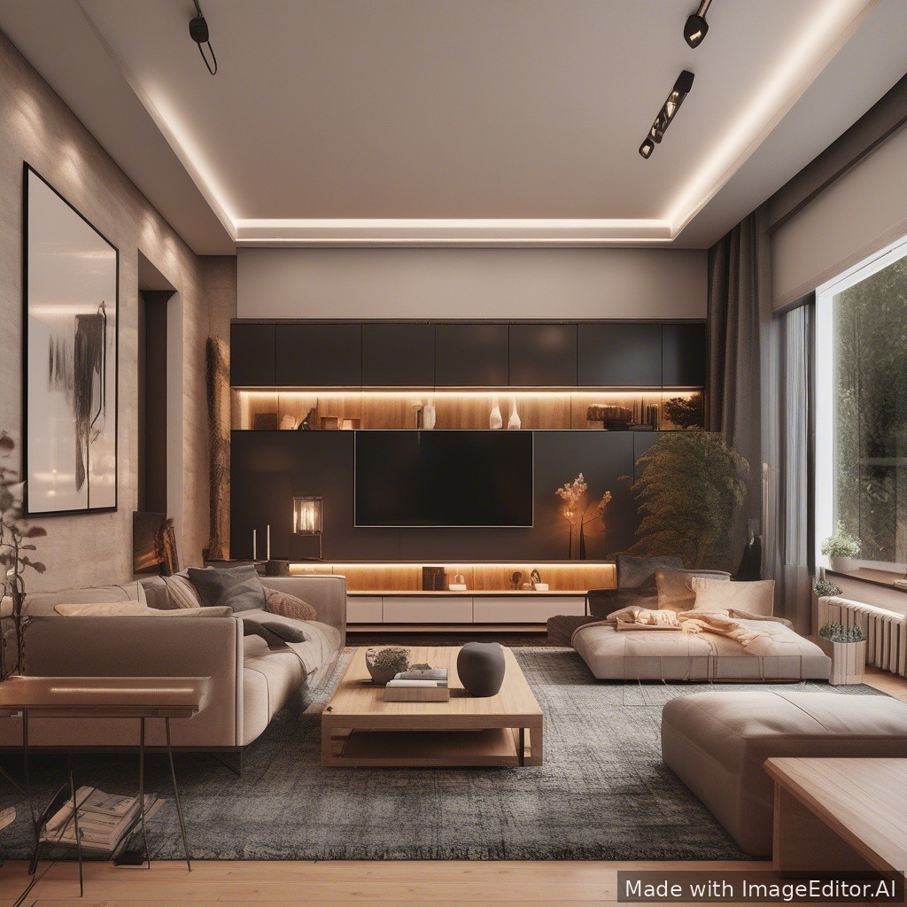 A modern living room, warm lighting, cozy textures