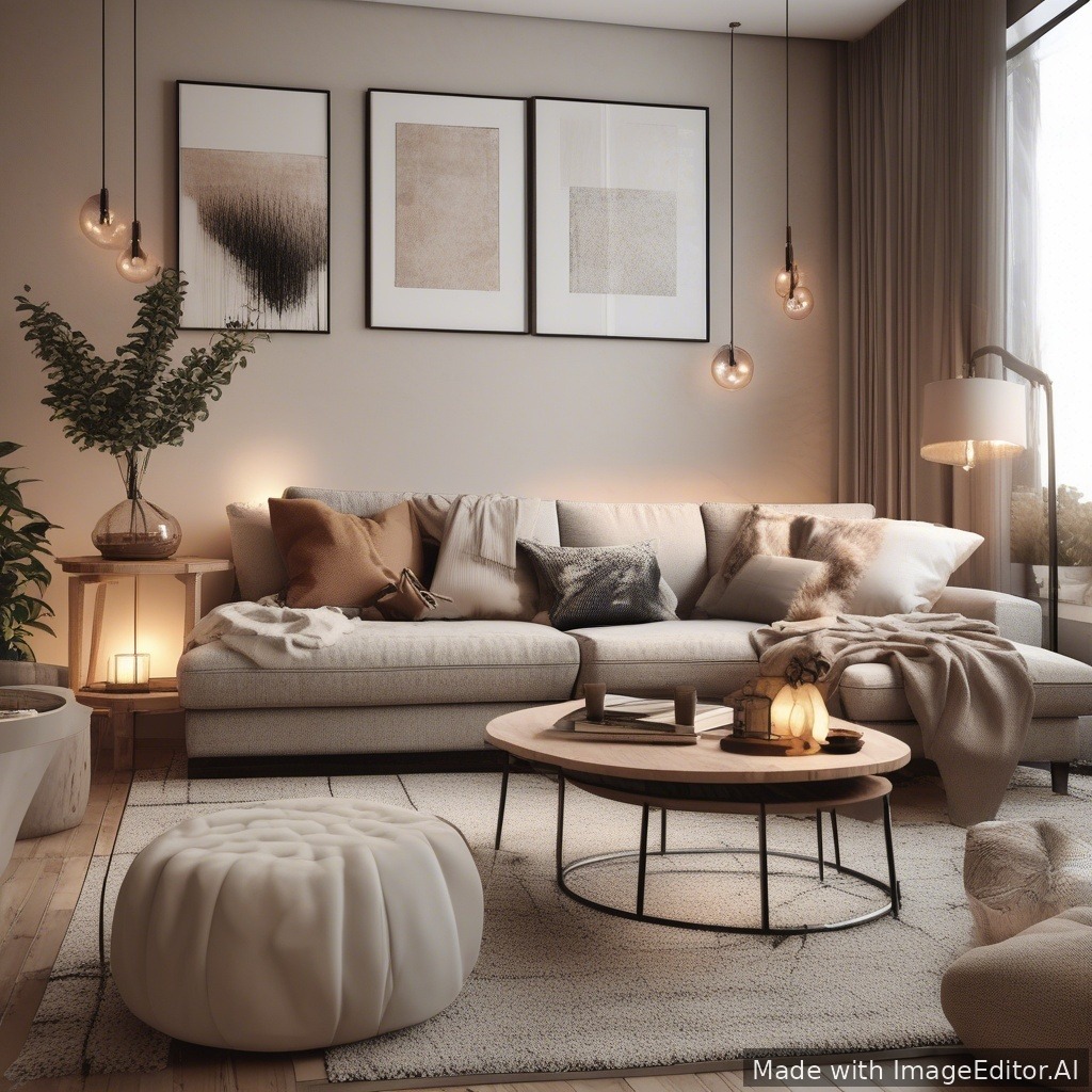A modern living room, warm lighting, cozy textures