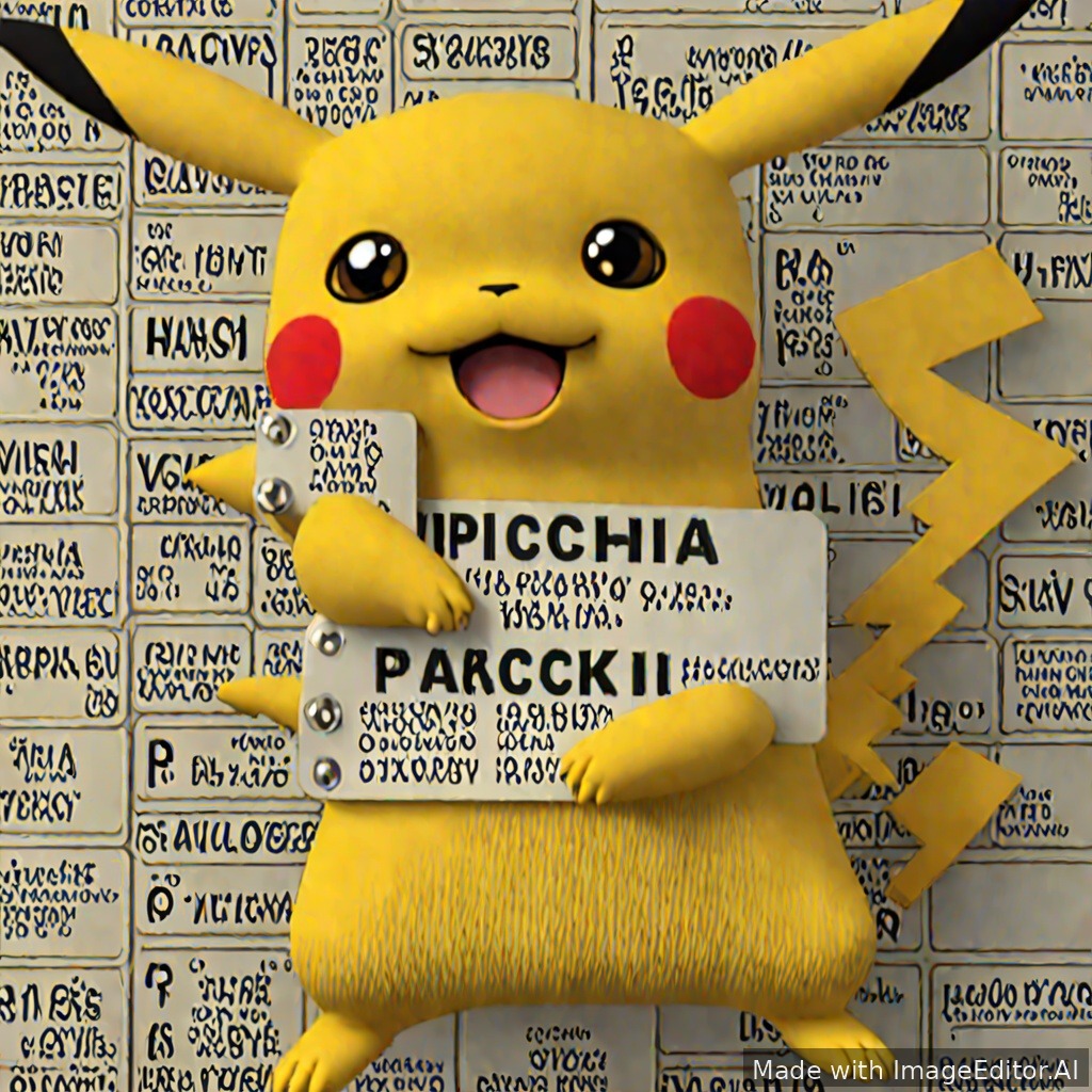 Mugshot of cute realistic 3d Pikachu after being arrested for illegal electricity generation. Height markings behind, holding name plate, shocked expression.