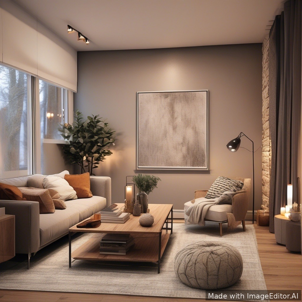 A modern living room, warm lighting, cozy textures