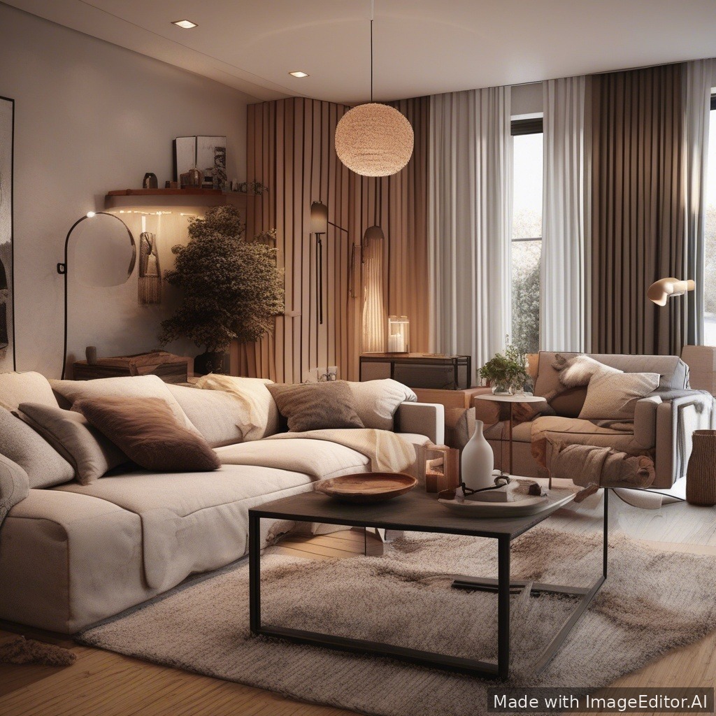 A modern living room, warm lighting, cozy textures