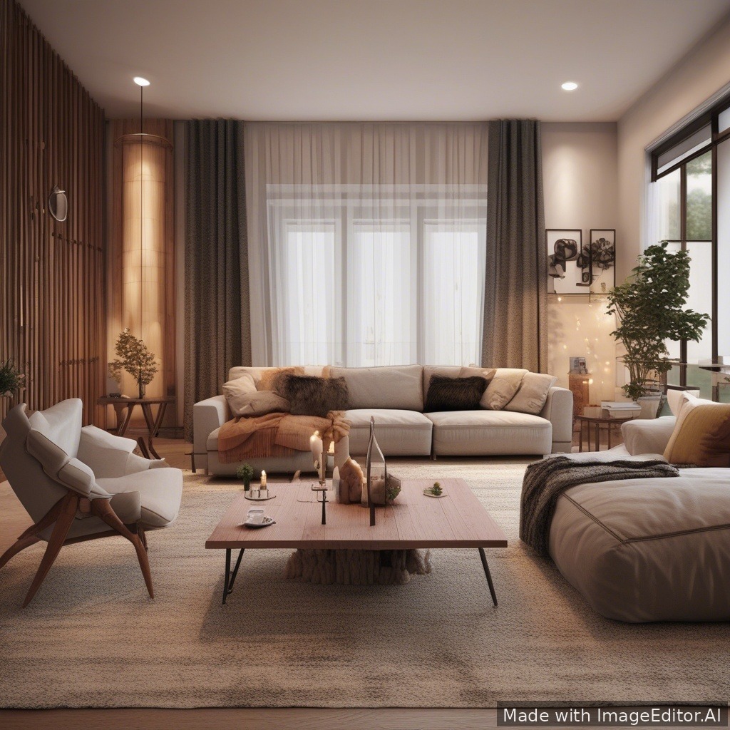 A modern living room, warm lighting, cozy textures
