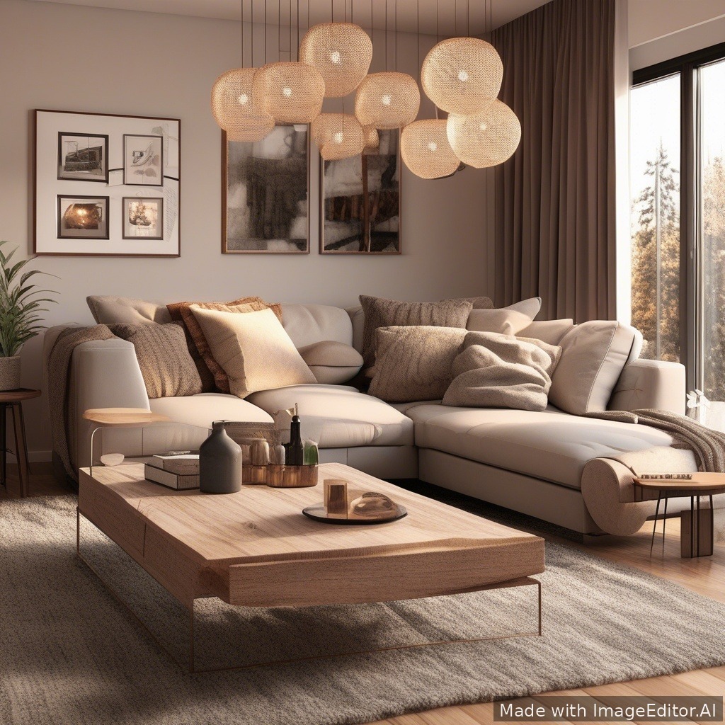 A modern living room, warm lighting, cozy textures