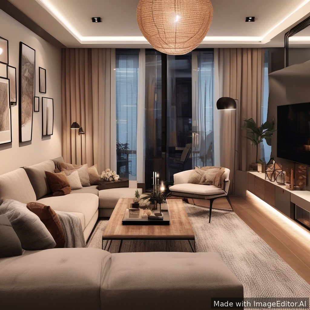 A modern living room, warm lighting, cozy textures
