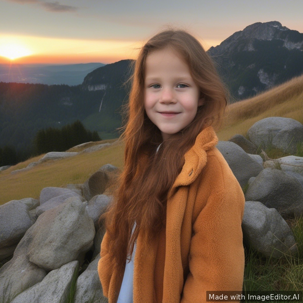 een meisje met bruin haar in de bergen bij zonsopgang