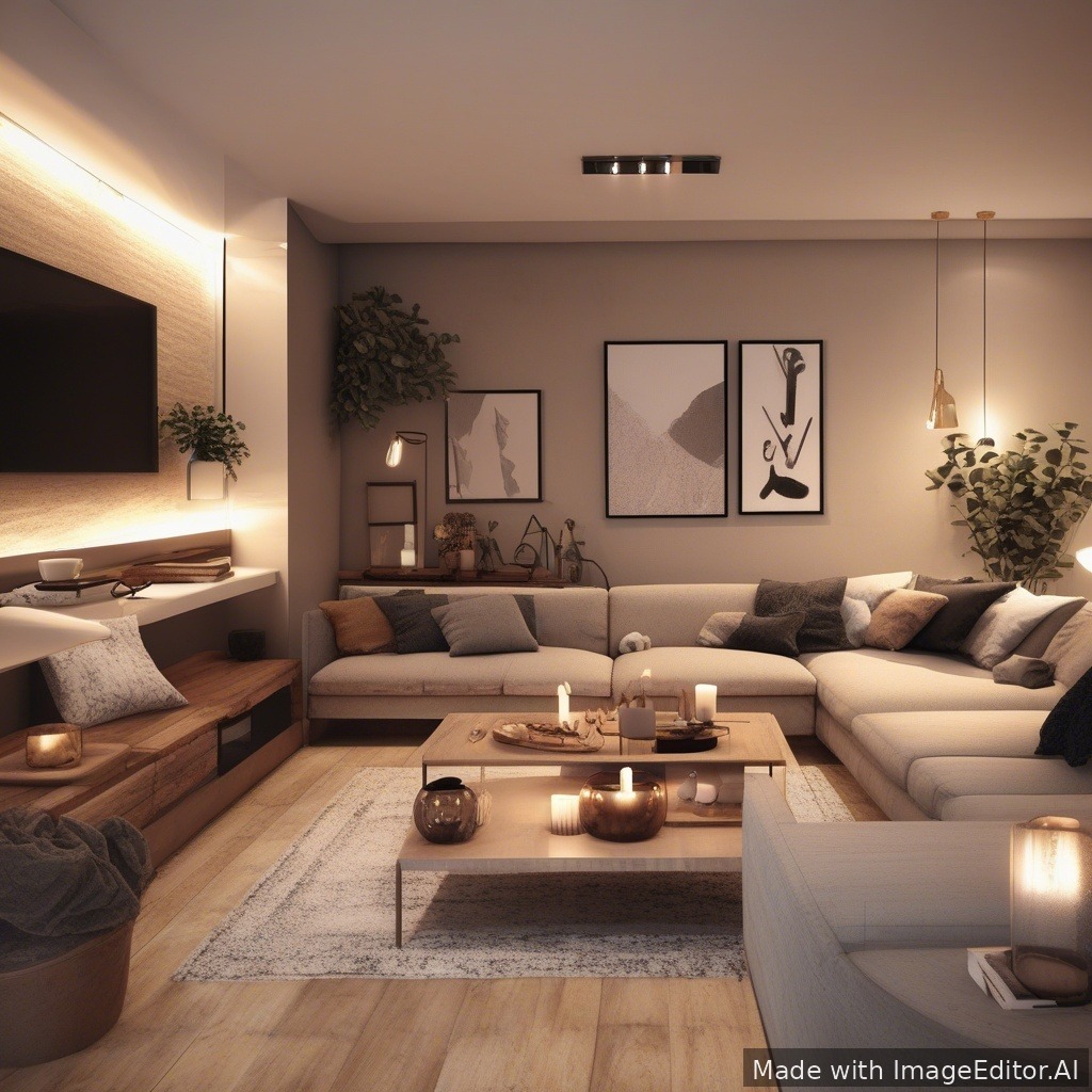 A modern living room, warm lighting, cozy textures