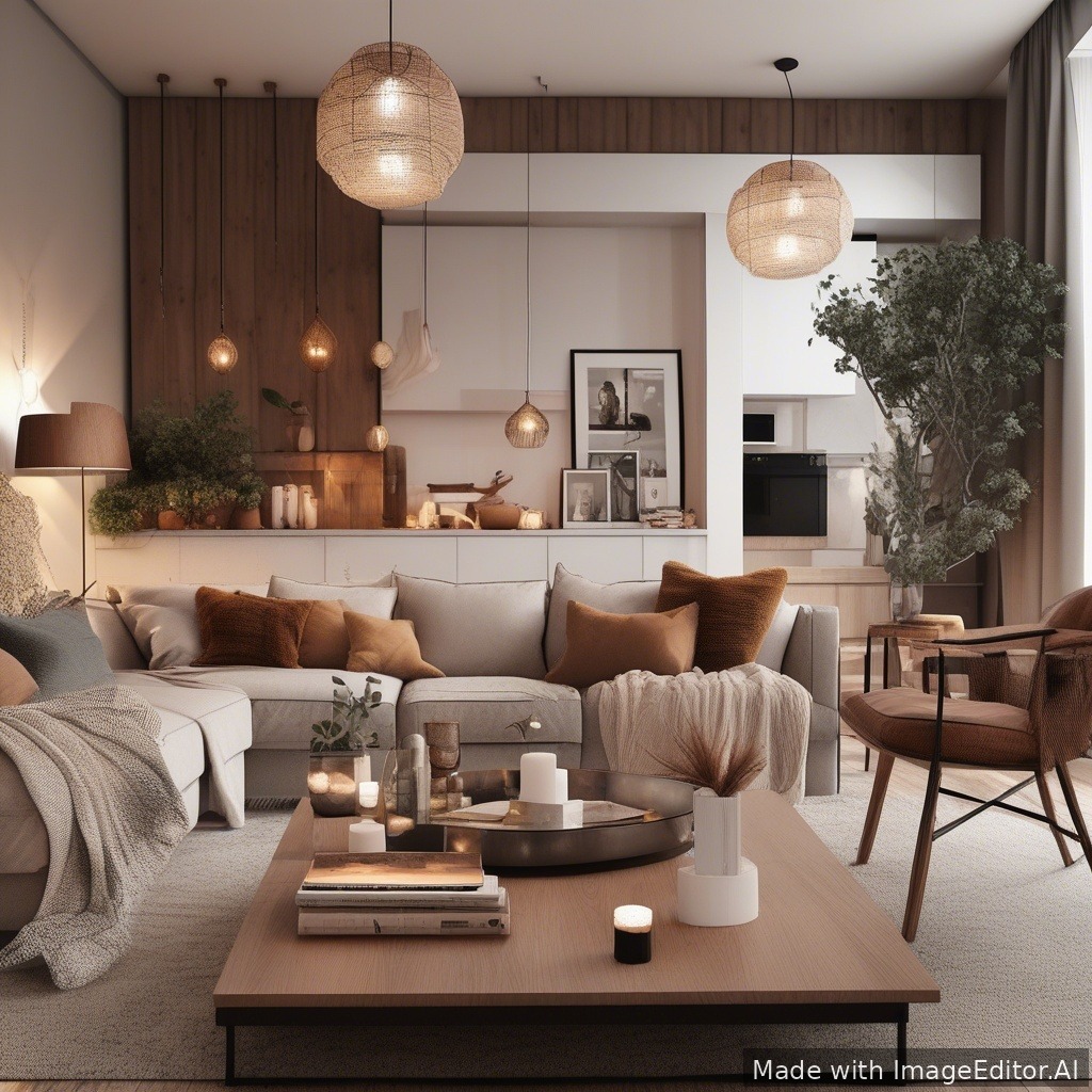 A modern living room, warm lighting, cozy textures