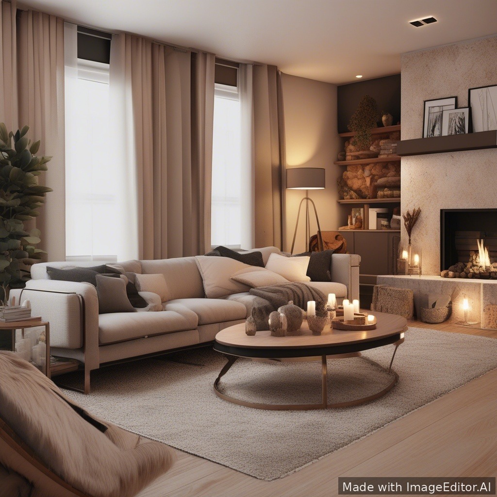 A modern living room, warm lighting, cozy textures