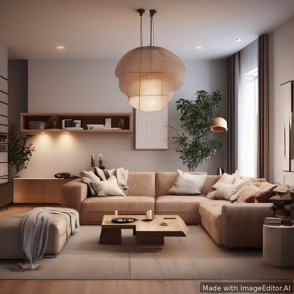 A modern living room, warm lighting, cozy textures